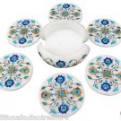 Marble Coaster Set Semi Precious Inlay Work Marquetry Turquoise Collectible Art Marble Coaster Set Semi Precious Inlay Work Marquetry Turquoise Collectible Art