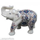 7" Decorative Marble Elephant Real Lapis Lazuli Pietra Dura Mosaic Gifts Decor