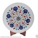 White Marble Round Serving Dish Plate Semi Precious Lapis Inlay Mosaic Deco Gift