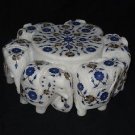 Six Round Elephant Lapis Lazuli Inlaid Marble Paua Shell Big Jewelry Box Trinket
