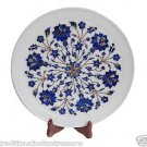 White Marble Round Serving Dish Plate Lapis Stone Mosaic Inlay Collectible Gifts