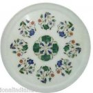 12" White Marble Plate Pietra Dura Malachite Handmade Semi Precious Stone Inlaid