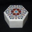 Marble Octagon Red Coral Jewelry Box Inlaid Trinket Handmade Mosaic Home Decor