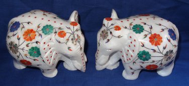 4" Tall Marble Elephant Pair Marquetry Pietra Dura Inlay Handmade Home Decor Art