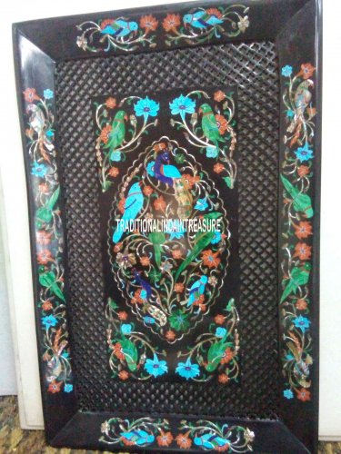 18"x12" Black Marble Tray Plate Turquoise Pietradure Art Inlaid Parrot Gift Deco