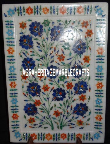 14"x10'' White Marble Rare Plate Multi Floral Art Semi Precious Inlay Gift Decor