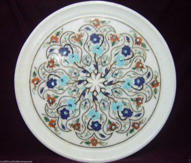 White Marble Serving Dish Plate Rare Semi Precious Pietradure Inlay Decorative