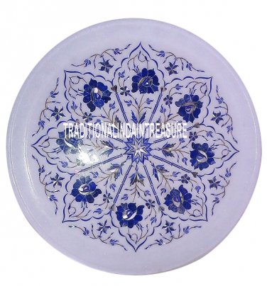 12" Marble White Plate Lapis Inlay Gems Marquetry Kitchen Floral Art Decor Gifts