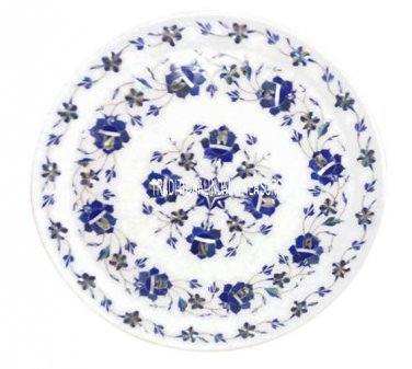 12" Marble Round Plate Real Lapis Gem Semi Precious Inlay Floral Home Gift Decor