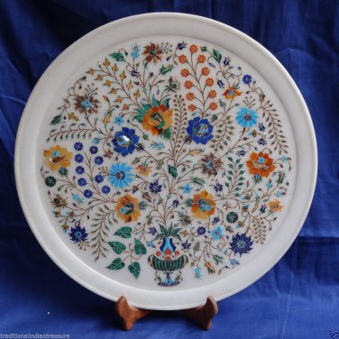 15" White Marble Plate Real Gems Mosaic Pietra Dura Handmade Home Decor Arts