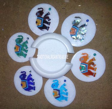 White Marble Tea Coasters Set Rare Mosaic Elephant Art Inlay Pietradure Decor