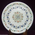 White Marble Round Serving Dish Plate Semi Mosaic Lapis Inlay Home Decorative