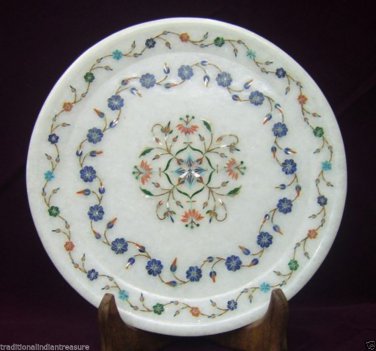 White Marble Round Serving Dish Plate Semi Mosaic Lapis Inlay Home Decorative