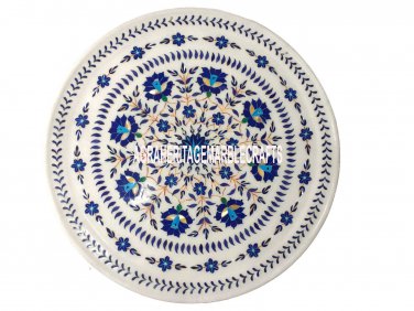 16'' White Marble Round Serving Dish Plate Lapis Floral Work Inlay Kitchen Decor