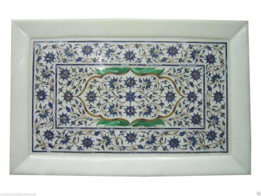 12"x18" Decorative White Marble Tray Lapis Lazuli Real Handmade Marquetry Decor