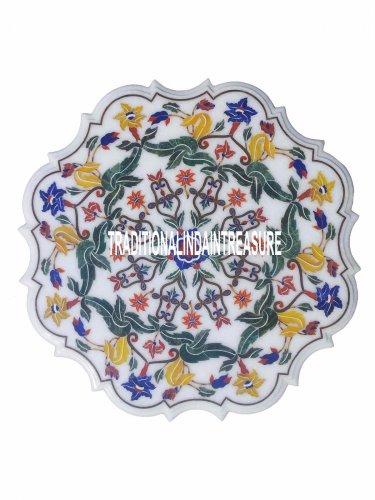 32" White Marble Serving Dish Plate Inlay Semi Precious Inlay Marquetry Gift Art