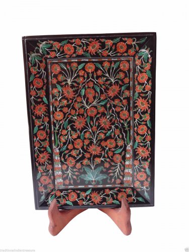 Belgium Black Marble Real Serving Tray Plate Hakik Marquetry Inlaid Gifts Decor
