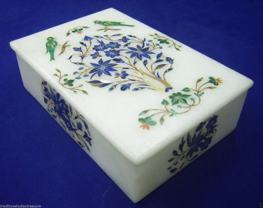 6"x4"x2" Marble Jewelry Box Multi Gems Semi Precious Parrot Deco Collectible Art