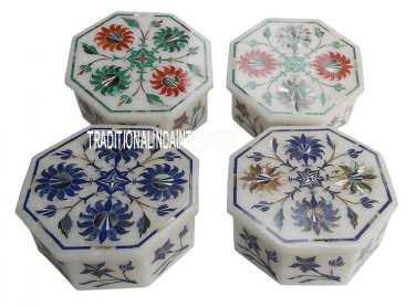 Set of 4 White Marble Jewelry Box Mosaic Inlay Pietradure Decor Eid Gifts Box