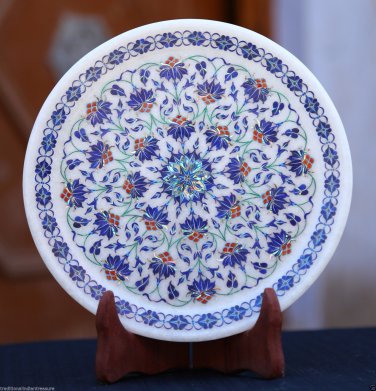 Antique White Marble Round Serving Plate Semi Mosaic Lapis Inlay Marquetry Decor