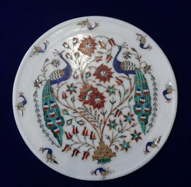 11" Marble Rare Plate Decorative Peacock Dancing PietraDura Valentine Table Gift