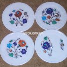 Set of 4 Marble Serving Dish Round Plate Lapis Inlay Floral Art Home Decor Gifts