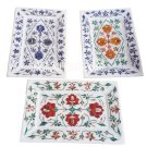 Set of 3 Marble White Serving Tray Plate Lapis Hakik Work Inlay Marquetry Decor