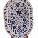 Indian White Makrana Serving Tray Plate Lapis Lazuli Marquetry Floral Art Decor Indian White Makrana Serving Tray Plate Lapis Lazuli Marquetry Floral Art Decor
