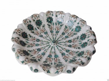 White Marble Fruit Bowl Real Gemtone Malachite Floral Art Inlay Home Table Decor