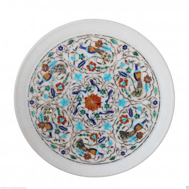 14"x14" Marble Serving Dish Plate Peacock Inlaid Marquetry Ktichen Decor Gifts
