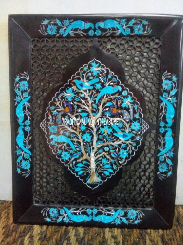 11"x15" Marble Black Tray Plate Rare Turquoise Gem Inlay Marquetry Table Gifts