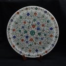15" White Marble Rare Marble Round Plate Pietra Dura Inlaid Handmade Decor