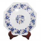 12" Marble White Plate Rare Lapis Floral Mosaic Art Inlay Home Table Decor Gifts