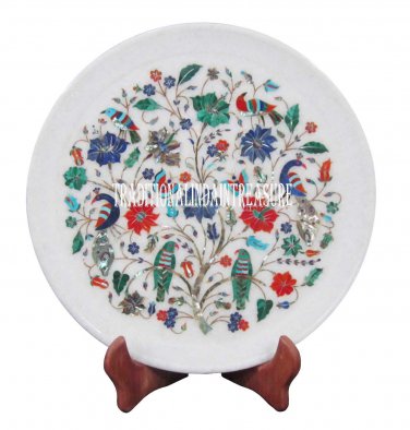 12" Marble Round Plate Real Stone Mosaic Work Inlay Marquetry Home Decor Gifts