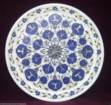 White Marble Serving Dish Plate Real Lapis Lazuli Gemstone Inlay Marquetry Arts