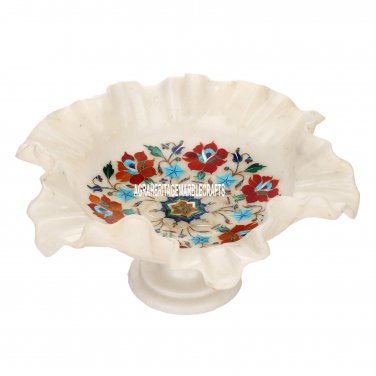 11"x11''x5'' White Marble Fruit Bowl Carnelian Inlay Pietradura Table Decor