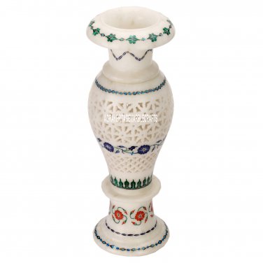 12"x4'' Marble White Flower Vase Grill Work Art Inlay Marquetry Floral Art Decor