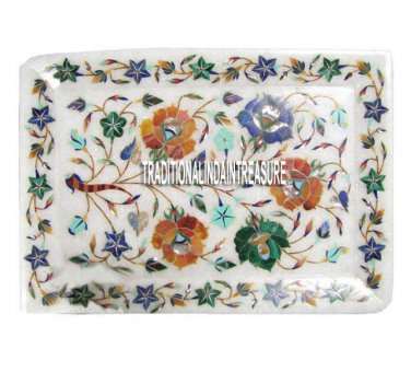 6"x9" White Marble Serving Tray Plate Marquetry Floral Work Inlay Kitchen Decor
