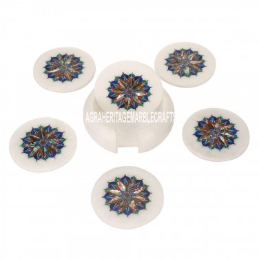 White Marble Coffee Tea Coaster Set Semi Precious Gemstone Art Mosaic Home Decor