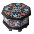Belgium Black Marble Real Jewelry Box Malachite Marquetry Inlay Floral Art Decor