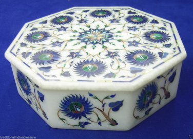 5"x5"x2" Marble Jewelry Ring Box Real Lapis Gemstone Inlay Mosaic Handicraft Art