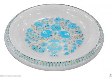 White Marble Fruit Bowl Real Turquoise Gems Inlaid Marquetry Kitichen Arts Gift