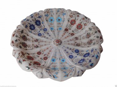 White Marble Fruit Bowl Real Stone Inlay Pietradure Mosaic Home Kitchen Decor