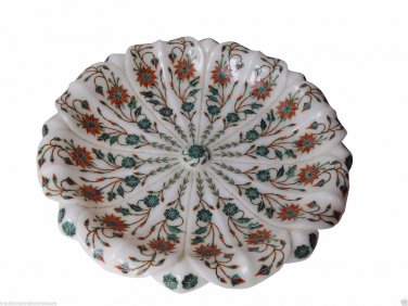 White Marble Fruit Bowl Real Gems Malachite Inlay Mosaic Home Table Decor Gifts