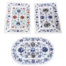 Set of 3 White Marble Plate Tray Real Gem Marquetry Floral Inlay Kitchen Decor