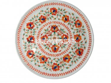 16'' White Marble Dish Round Plate Inlay Hakik Malachite Floral Art Kitchen Gift