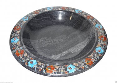Black Marble Fruit Bowl Real Stone Marquetry Inlay Floral Art Kitichen Deco Gift