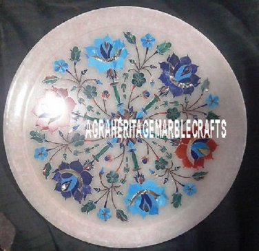 12'' White Marble Round Dish Plate Floral Art Inlay Marquetry Dinner Table Decor