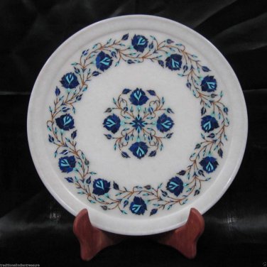 12" White Marble Dish Plate Decorative Lapis Lazuli Pietra Dura Handmade Gifts
