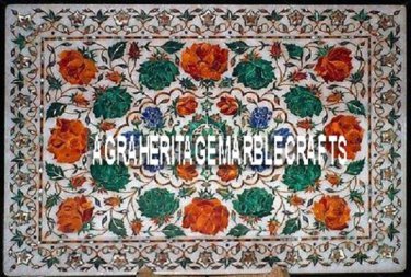 12''x18'' Rectangle White Marble Tray Plate Malachite Hakik Inlay Marquetry Arts